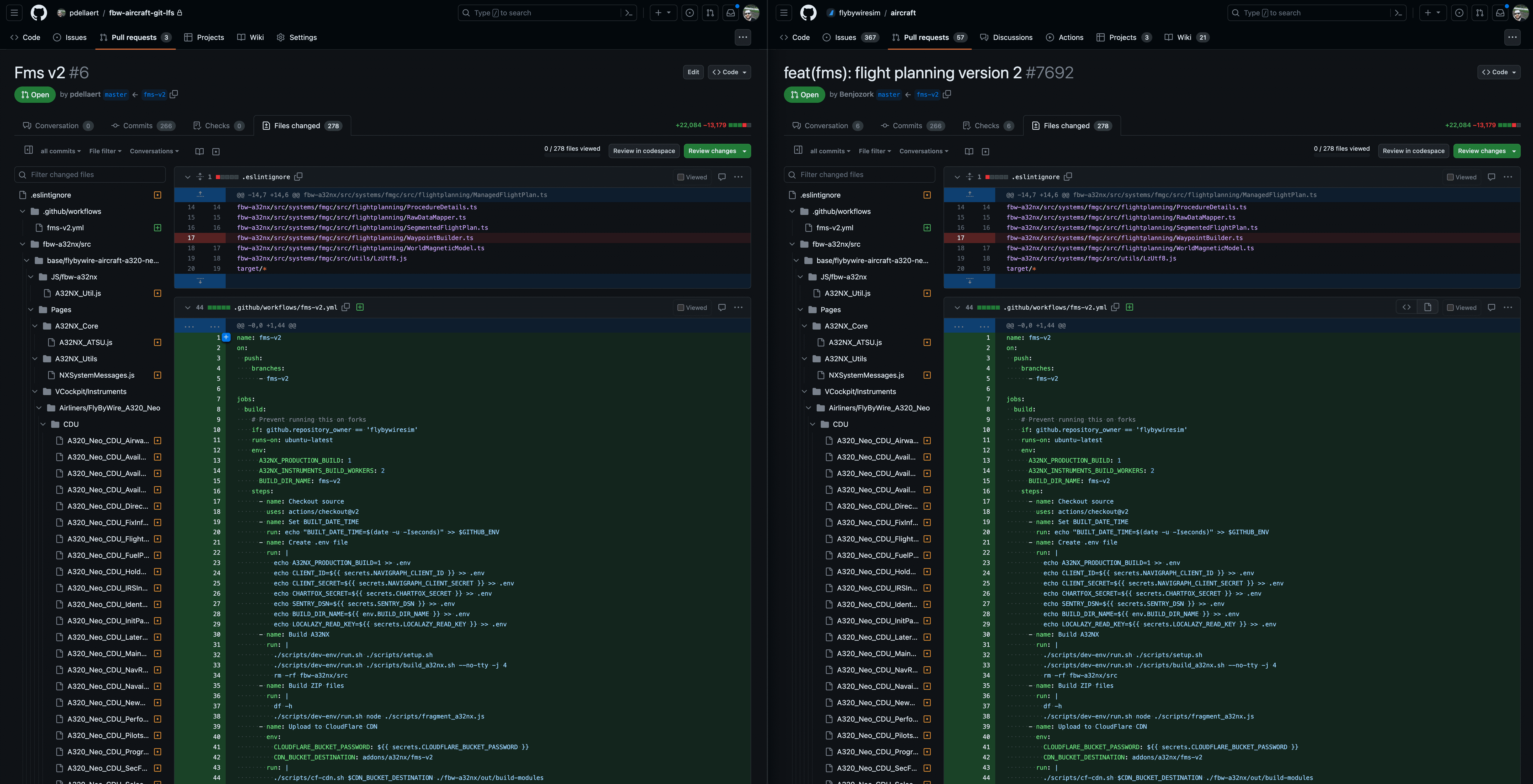 After migration - Internal PR Code comparison (Left is LFS, right is FBW aircraft repo PR)