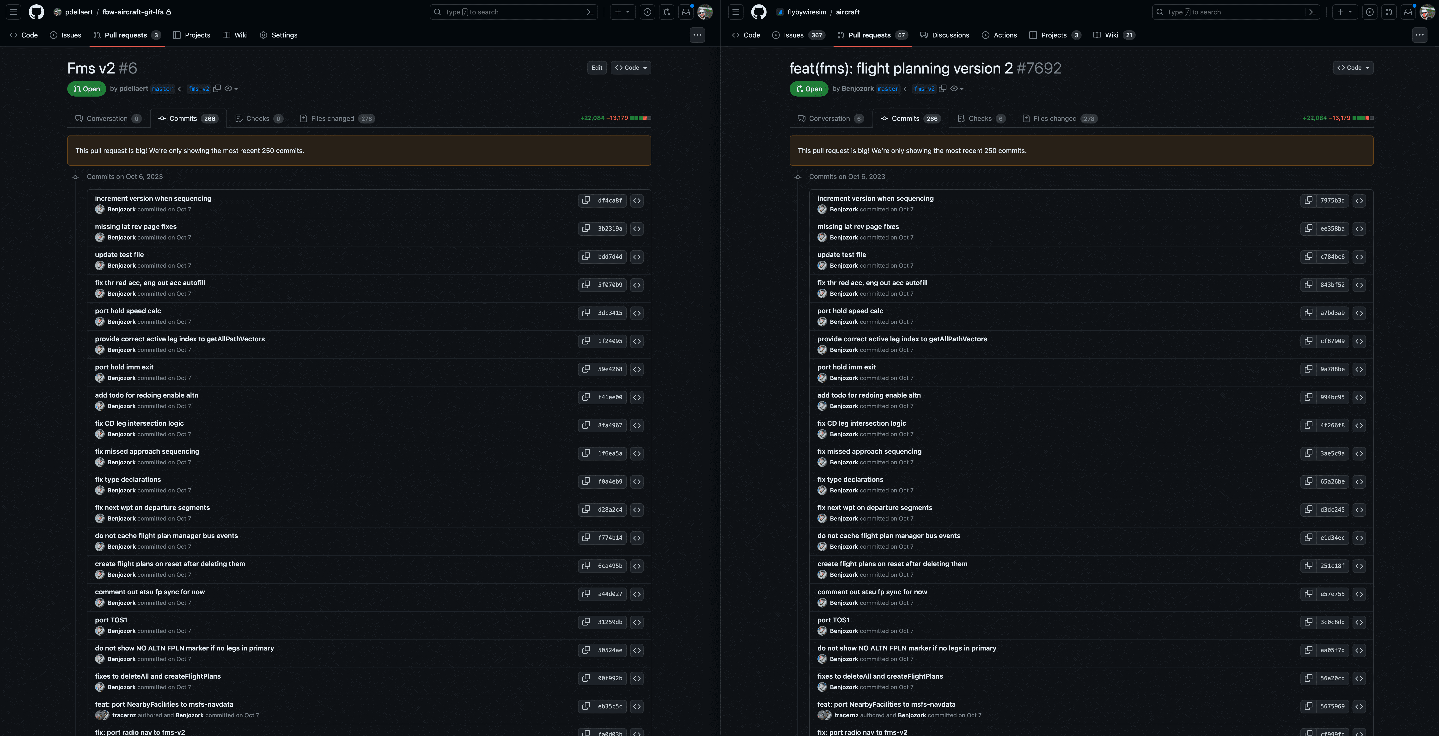 After migration - Internal PR Commit comparison (Left is LFS, right is FBW aircraft repo PR)