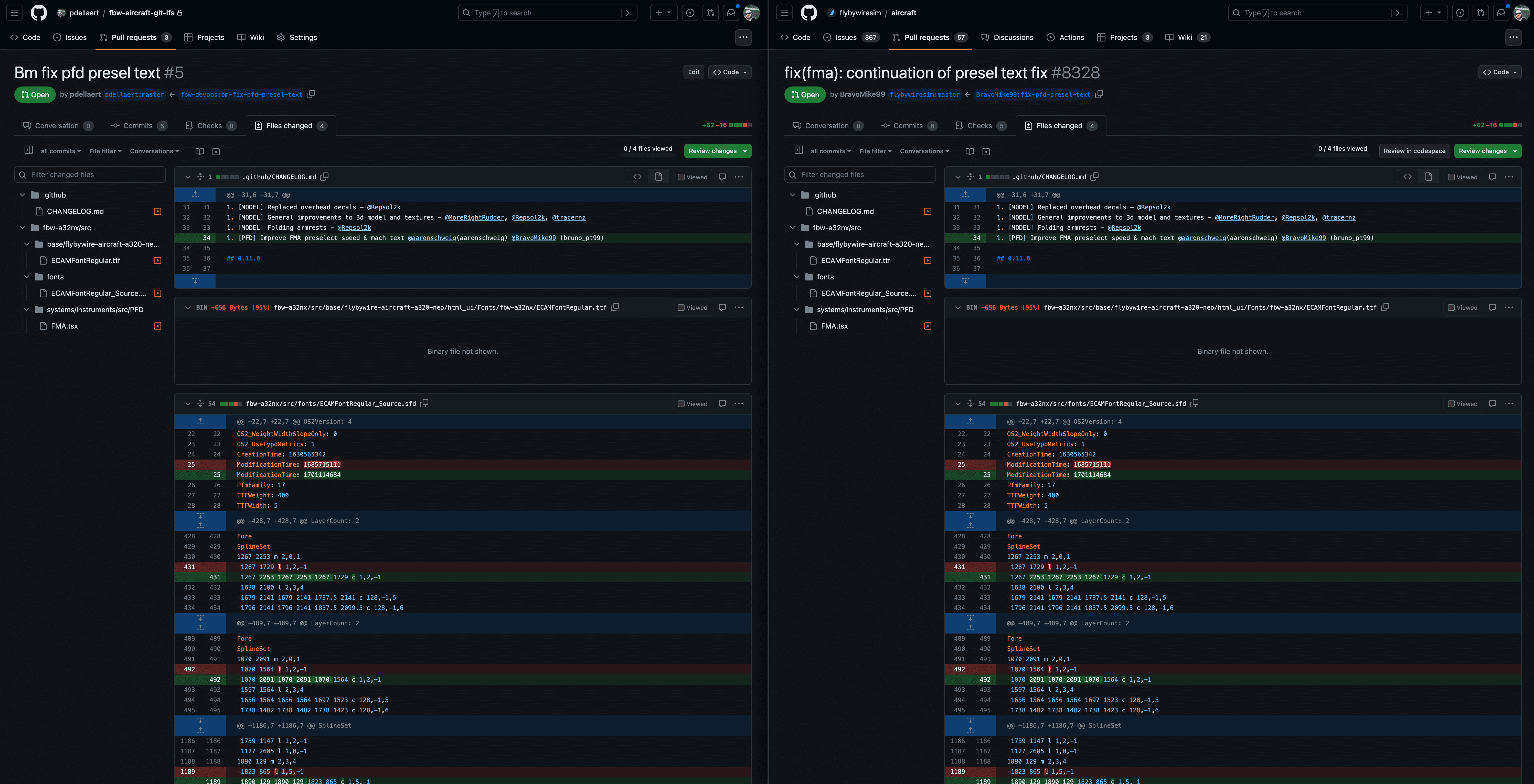 After migration - Merge style PR Code comparison (Left is LFS, right is FBW aircraft repo PR)