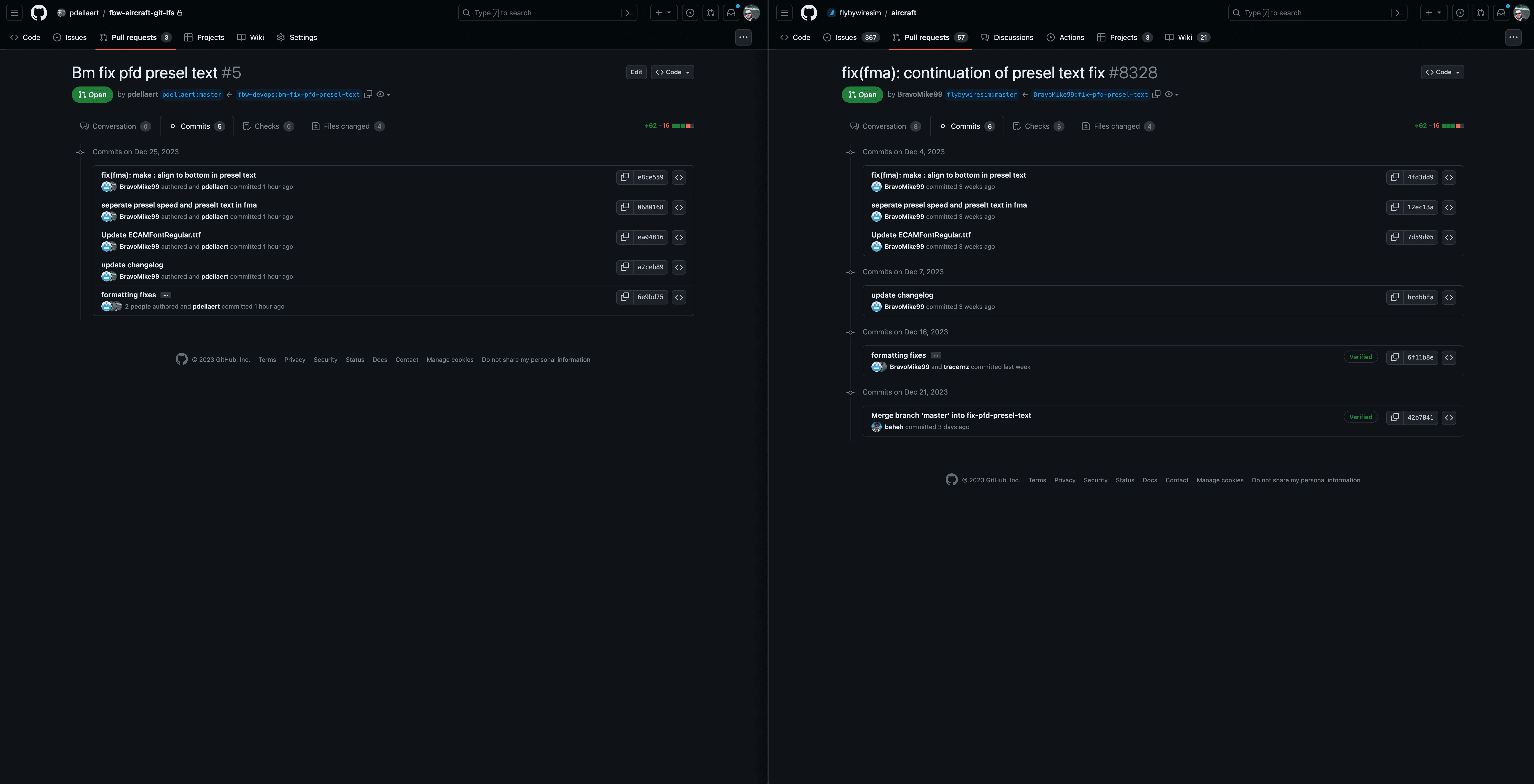 After migration - Merge style PR Commit comparison (Left is LFS, right is FBW aircraft repo PR)