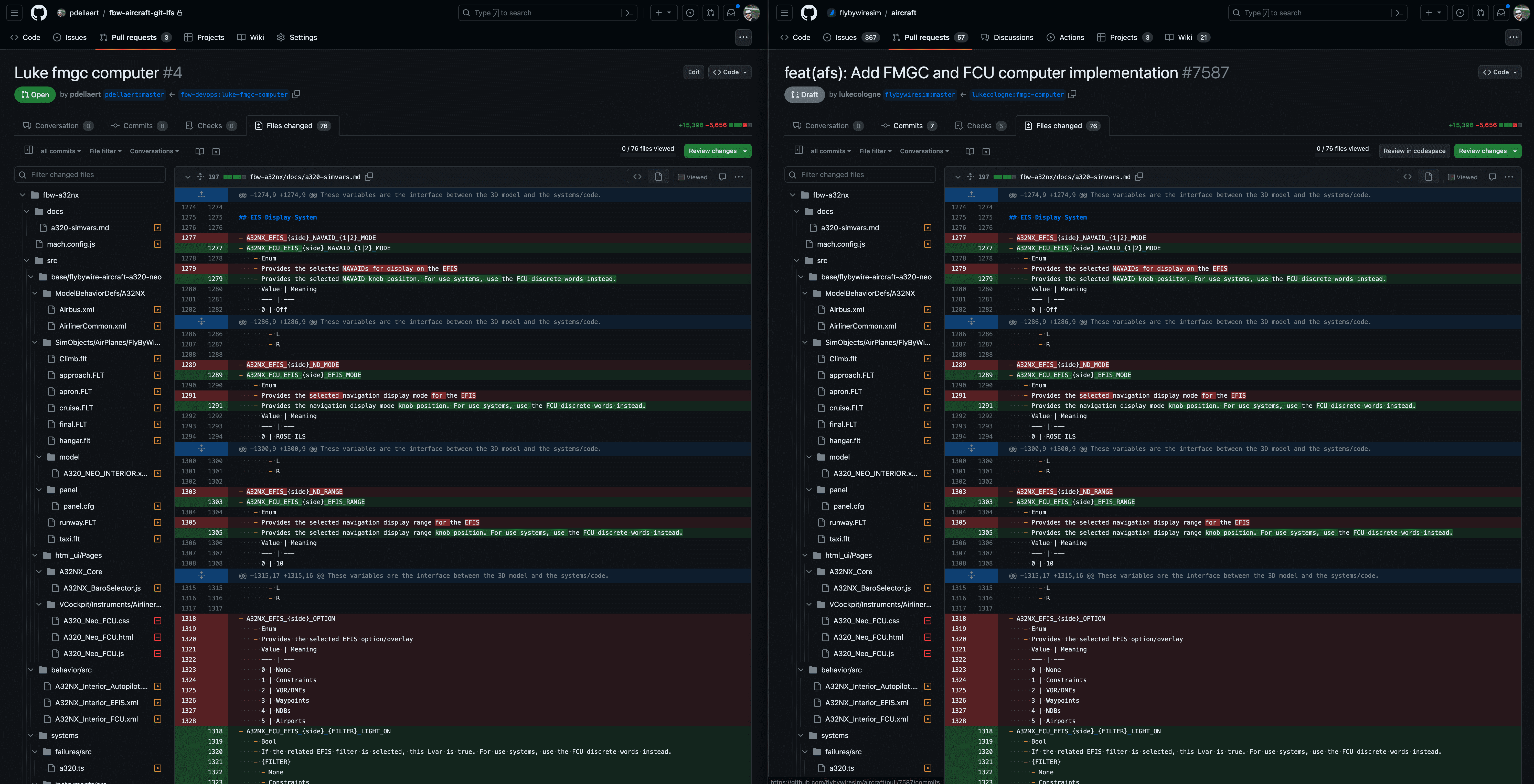 After migration - Rebase style PR Code comparison (Left is LFS, right is FBW aircraft repo PR)