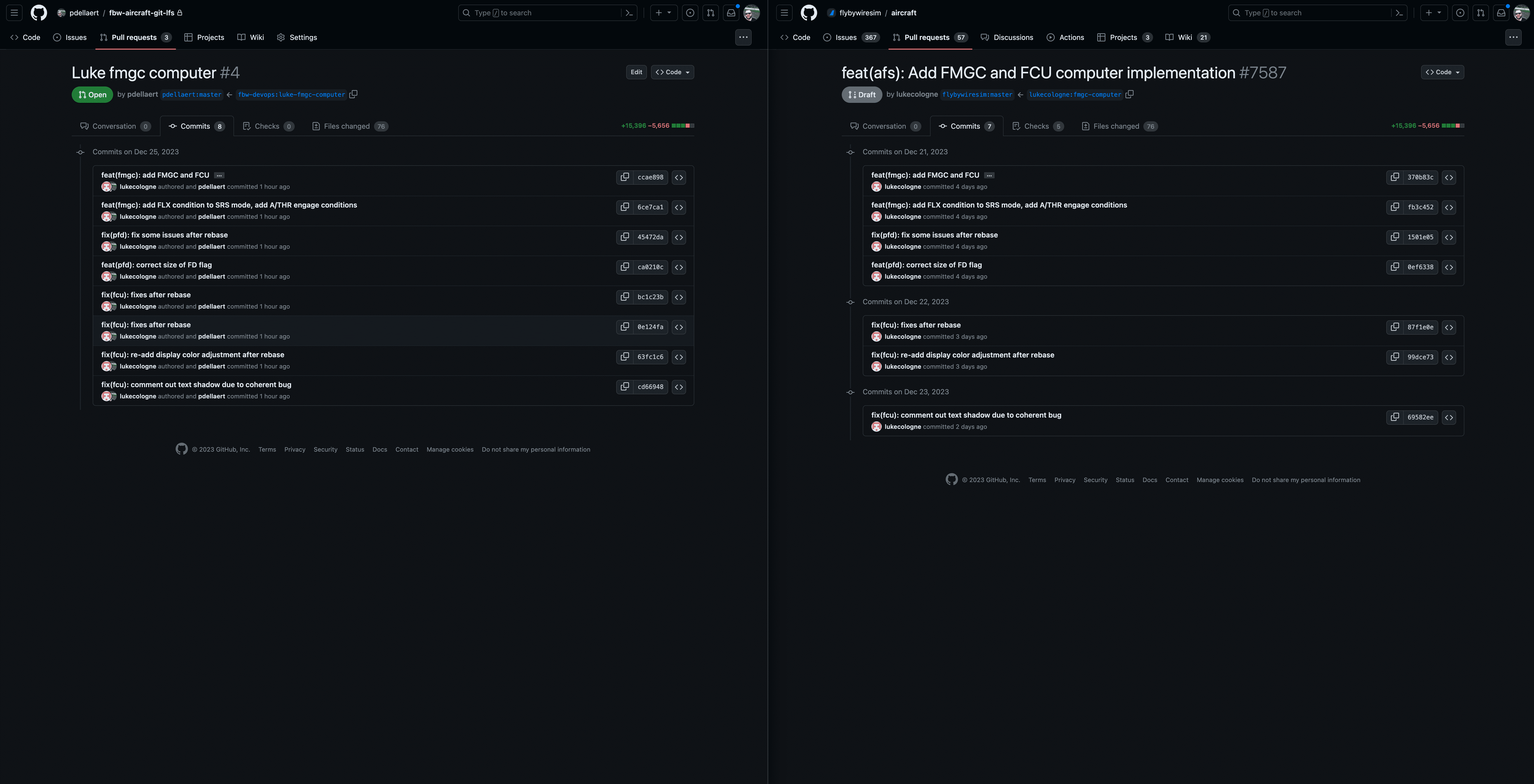 After migration - Rebase style PR Commit comparison (Left is LFS, right is FBW aircraft repo PR)
